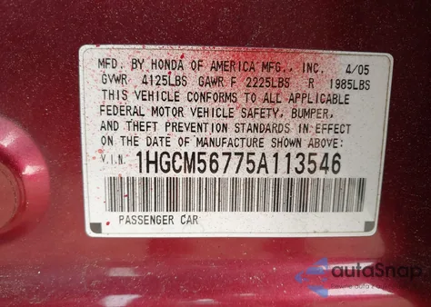 2005 Honda Accord Ex z USA, uszkodzony, nr VIN 1HGCM56775A113546